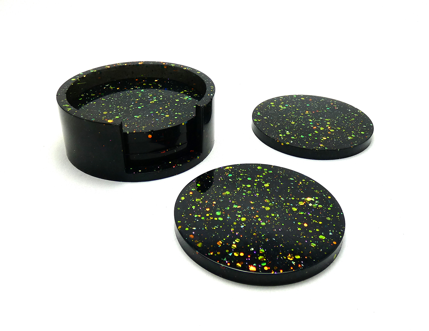 5 Ronde Onderzetters met Houder - Zwart & Gekleurde Glitters - Afbeelding 3