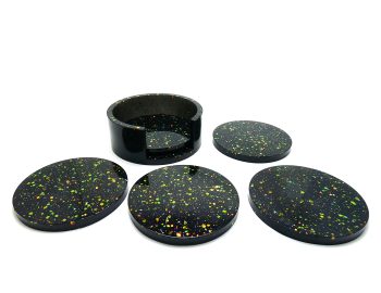 5 Ronde Onderzetters met Houder - Zwart & Gekleurde Glitters