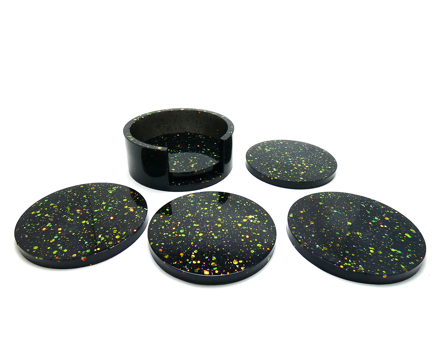 5 Ronde Onderzetters met Houder - Zwart & Gekleurde Glitters