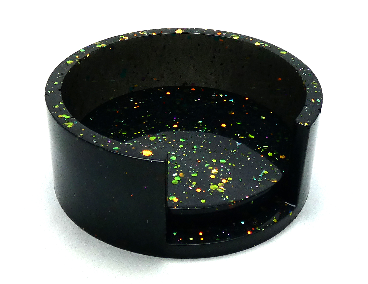 5 Ronde Onderzetters met Houder - Zwart & Gekleurde Glitters - Afbeelding 2