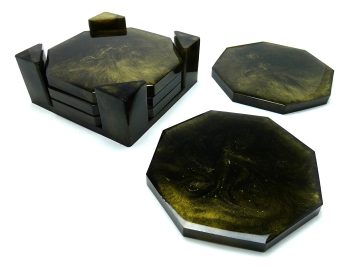 5 Octagon Onderzetters met Houder - Zwart & Antiek Goud