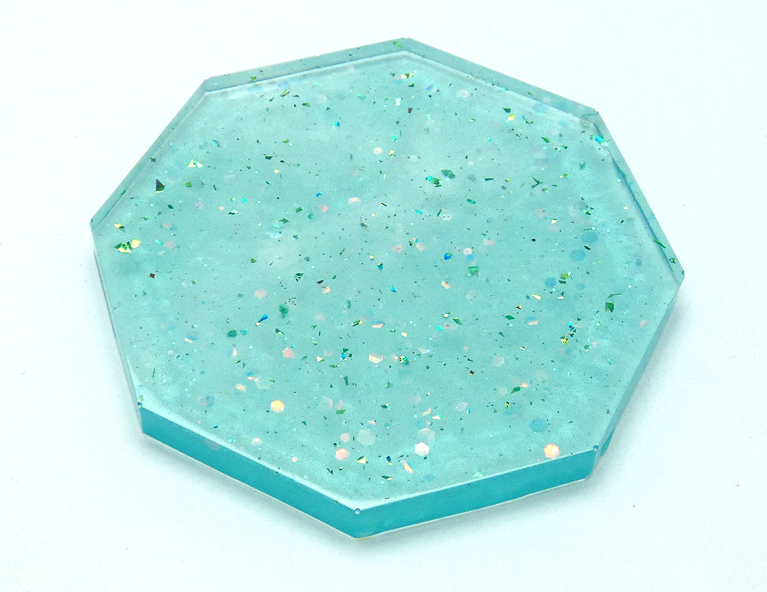 5 Octagon Onderzetters met Houder - Transparant Turquoise & Glitter - Afbeelding 8