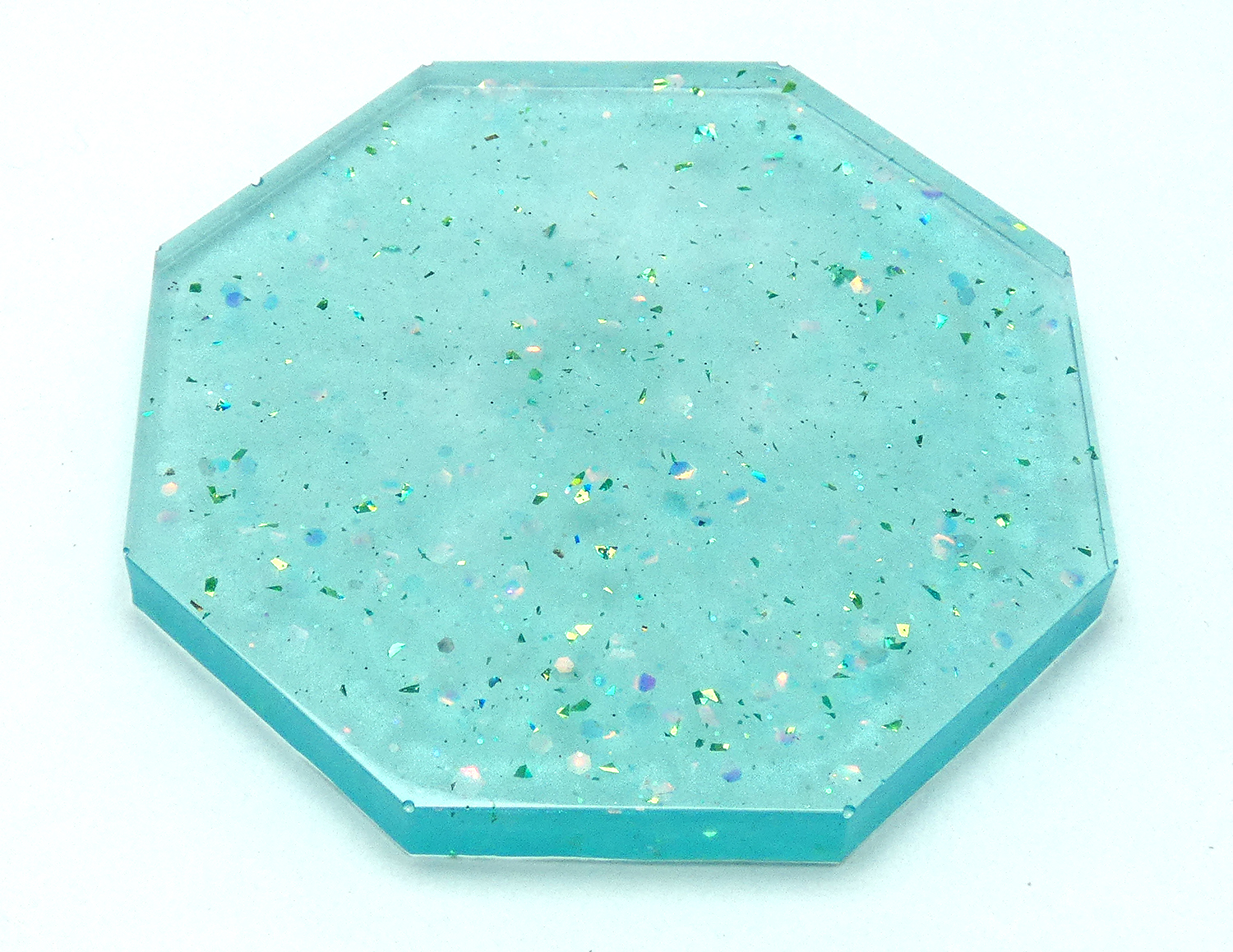 5 Octagon Onderzetters met Houder - Transparant Turquoise & Glitter - Afbeelding 7