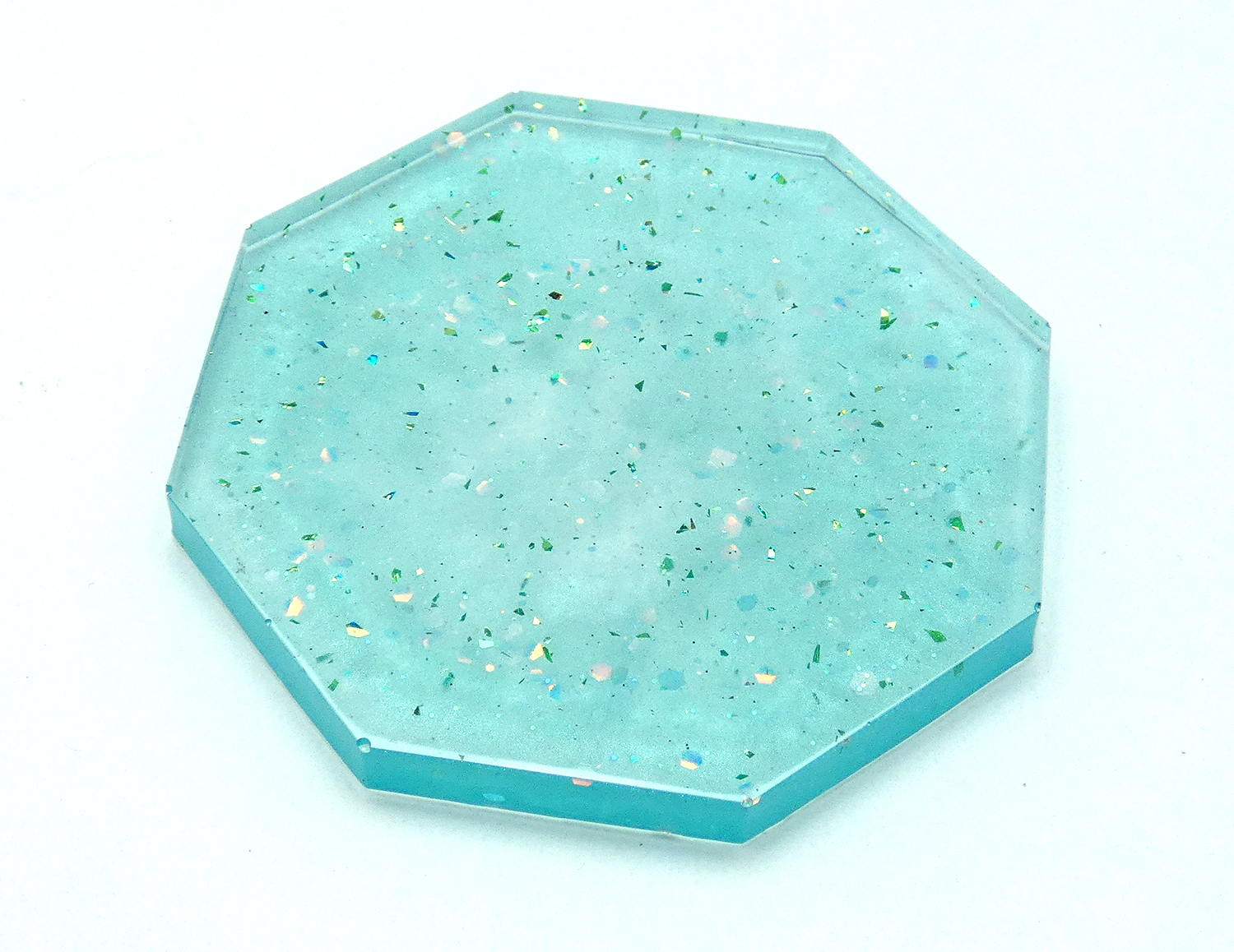 5 Octagon Onderzetters met Houder - Transparant Turquoise & Glitter - Afbeelding 6