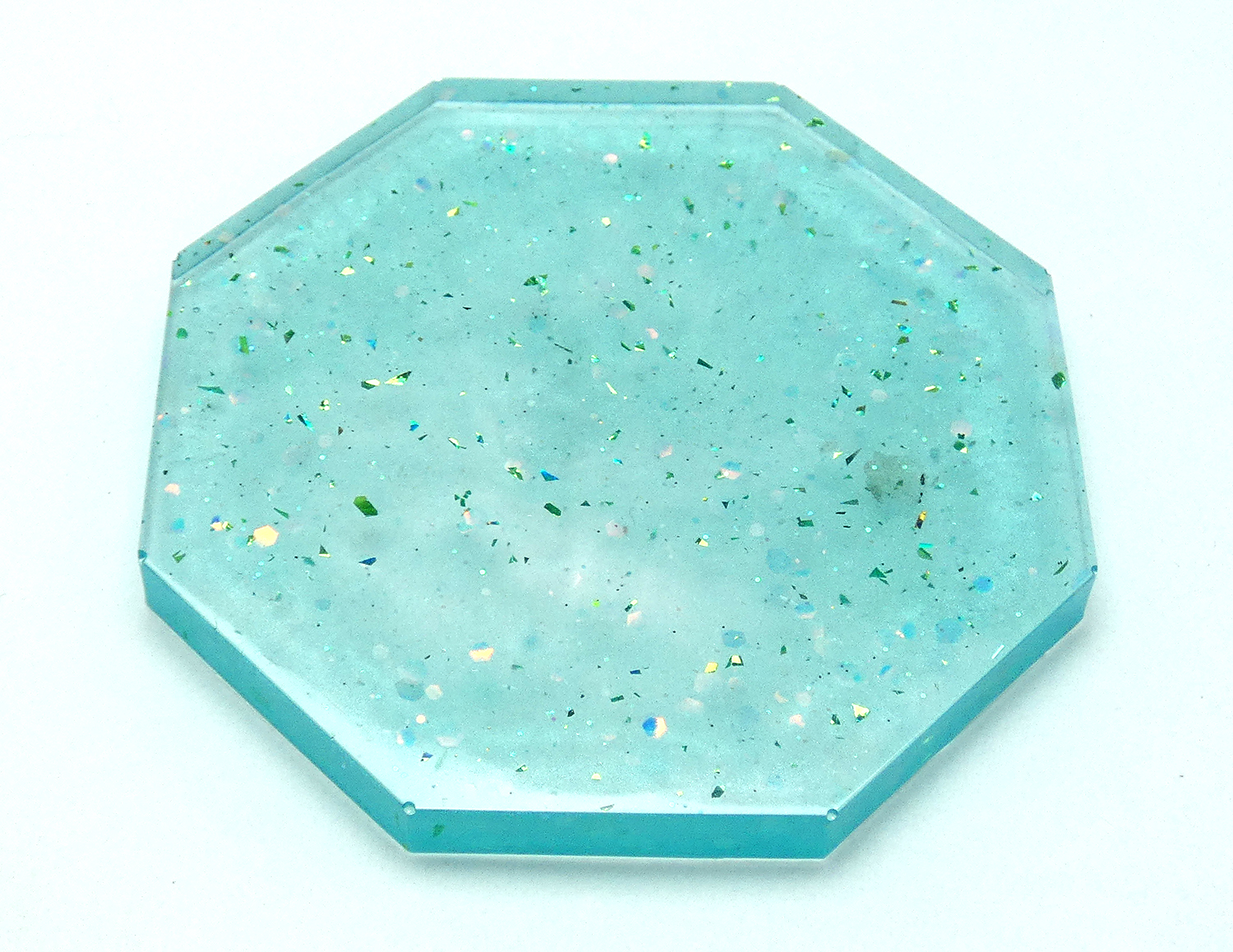 5 Octagon Onderzetters met Houder - Transparant Turquoise & Glitter - Afbeelding 4