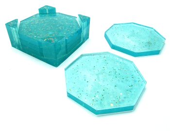 5 Octagon Onderzetters met Houder - Transparant Turquoise & Glitter