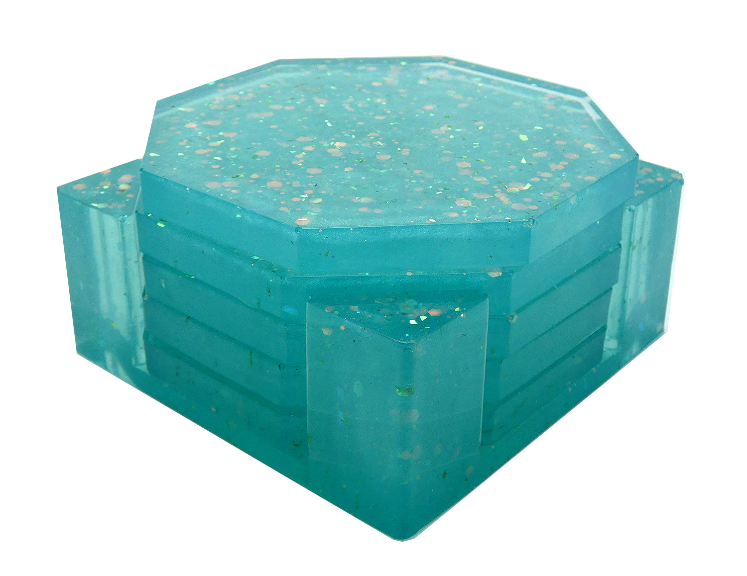 5 Octagon Onderzetters met Houder - Transparant Turquoise & Glitter - Afbeelding 3