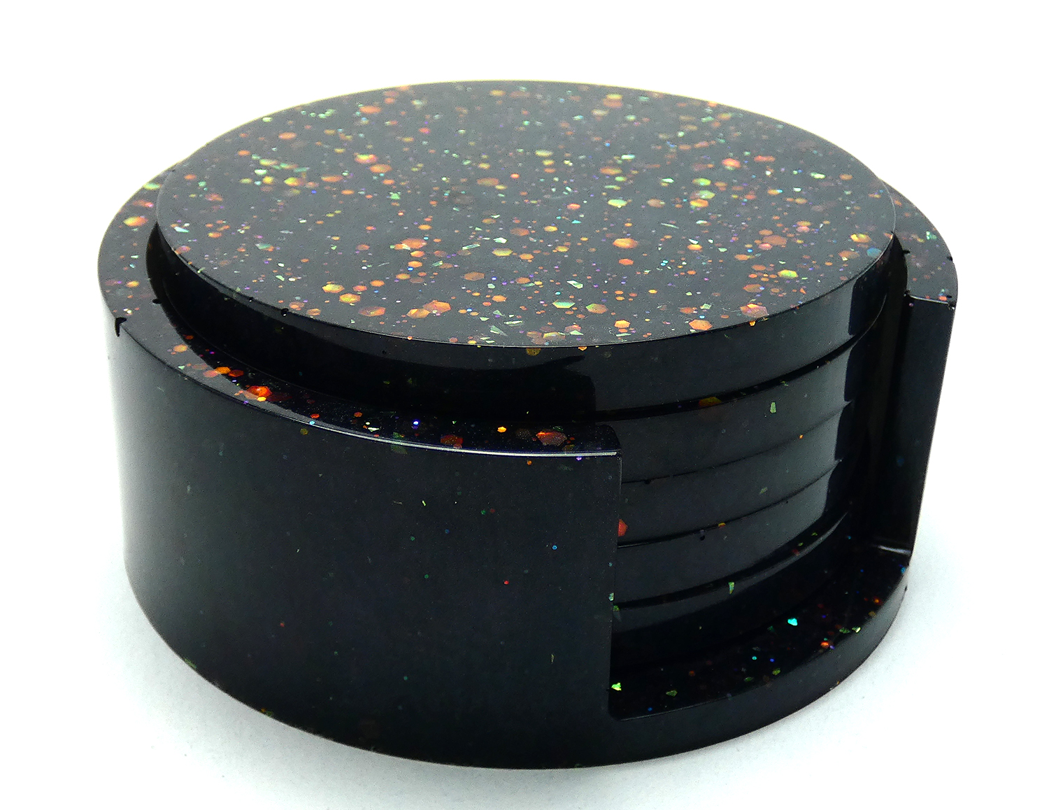 5 Ronde Onderzetters met Houder - Zwart & Gekleurde Glitters - Afbeelding 4