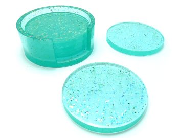 5 Ronde Onderzetters met Houder - Transparant Turquoise & Glitter