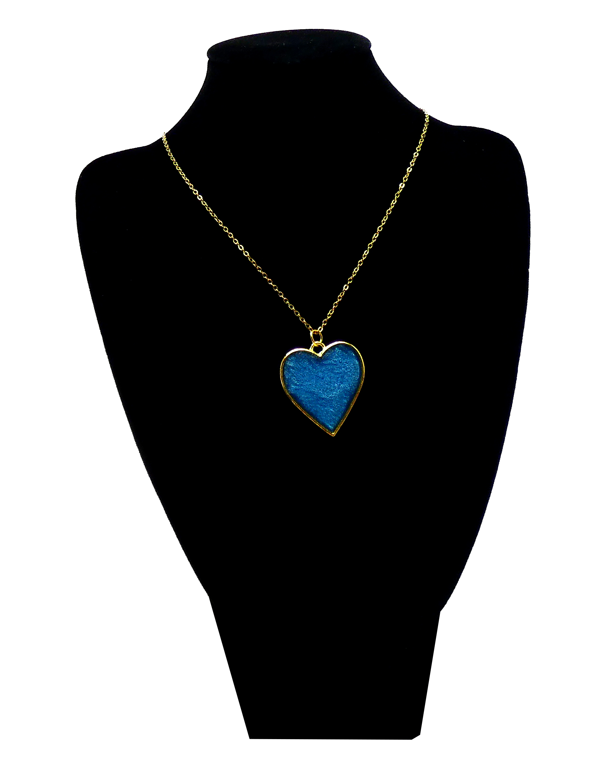 Goudkleurige Ketting en Hart met Aqua Blauw Glitter