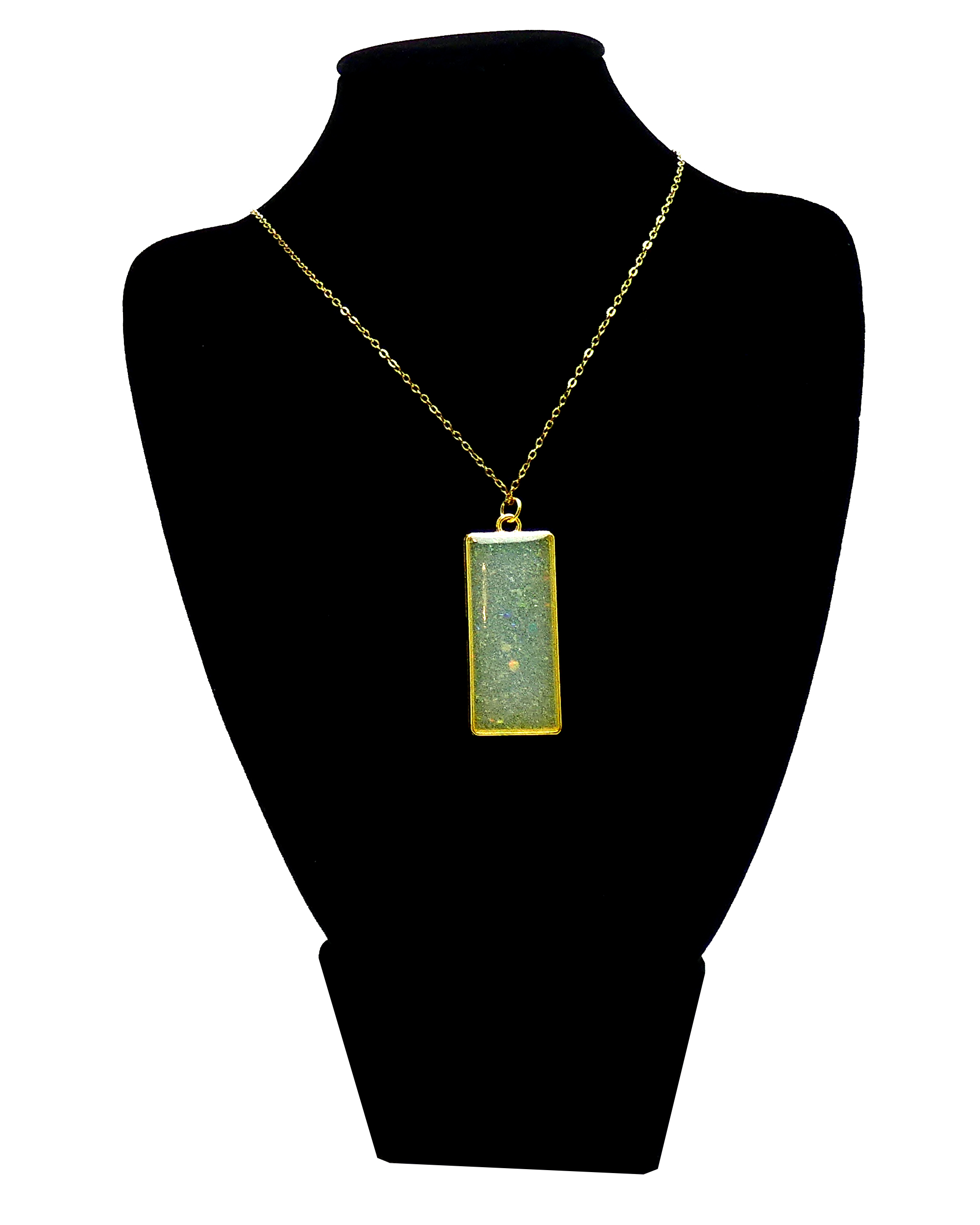 Goudkleurige Ketting met Jade Groene Rechthoek en Glitters