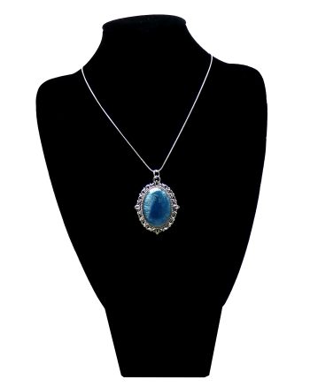 Zilverkleurige Ketting en Medaillon met Sprankelend Mica Blauw