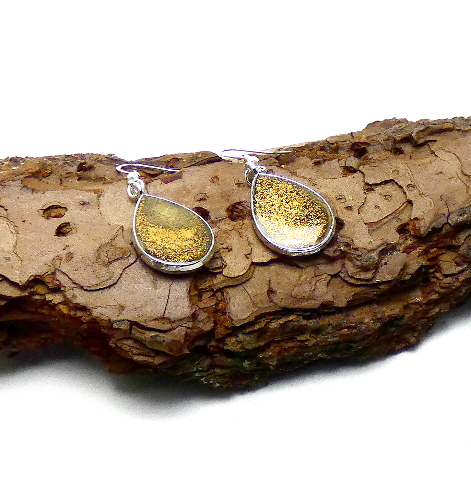 Zilverkleurige Druppelvorm Oorbellen met Brons Mica en Klassiek Goud