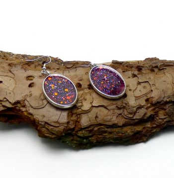 Zilver Ovale Oorbellen met Donkerrood en Glitter
